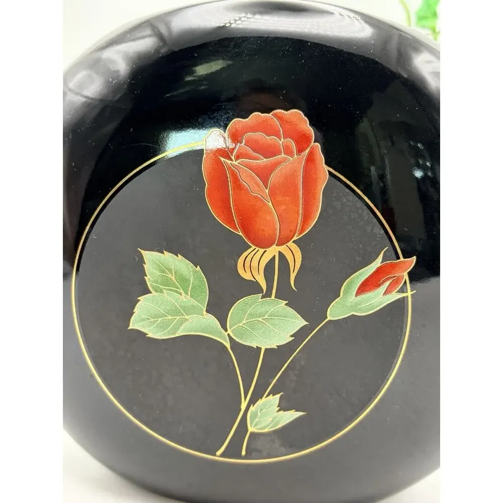 Vintage Otagiri Black Vase Crimson Red Rose Round Disc Shape Japan.